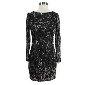 Betsy & Adam Black Sequined Long Sleeve Mini Sheath Cocktail Dress Size 4 LBD